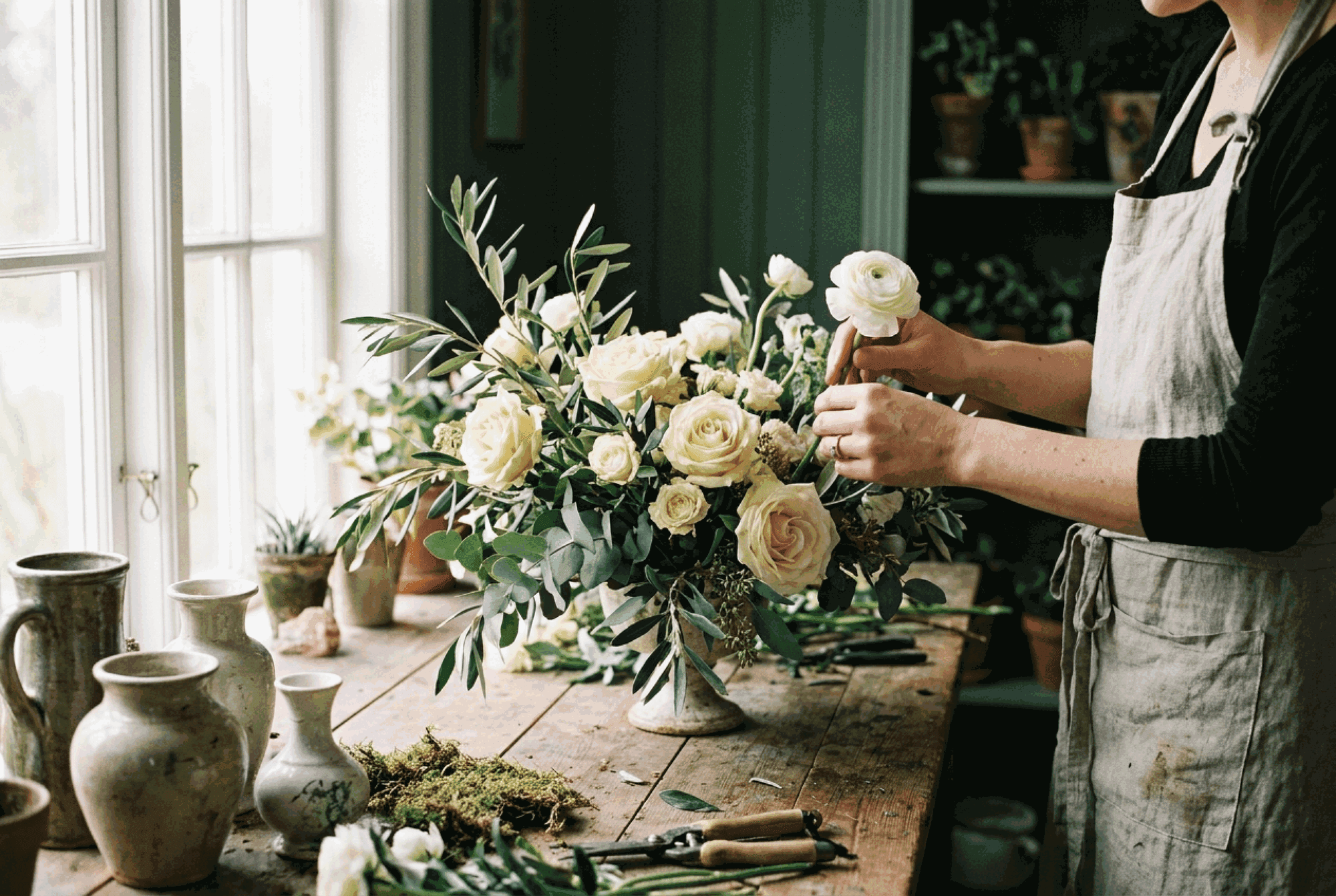 A florist arranging cream roses and eucalyptus on a workbench